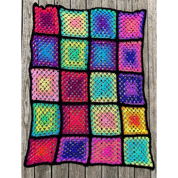 Handmade Crochet Granny Square Multicolor Rainbow Ombré Afghan Throw Blanket - Picture 2 of 11